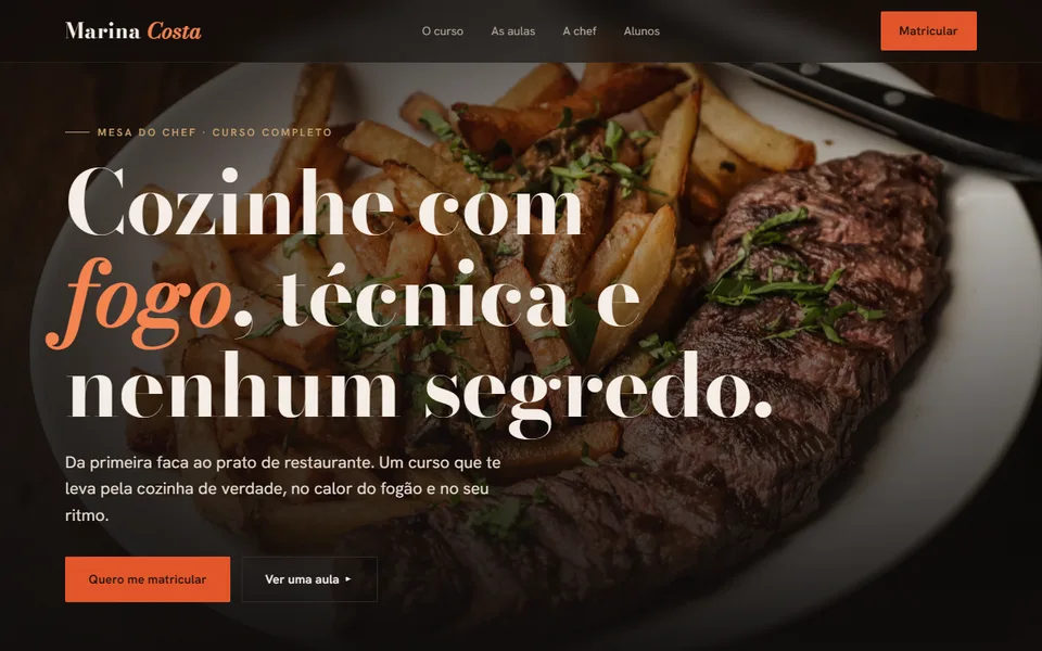 Modelo Brasa de curso de gastronomia, escuro e fotográfico