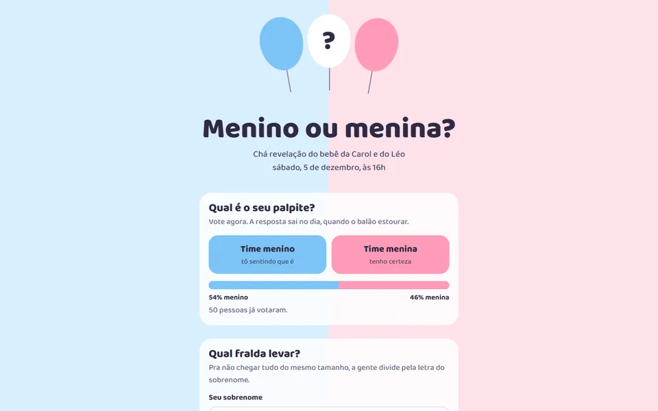 Capa do chá revelação, metade azul e metade rosa com balões
