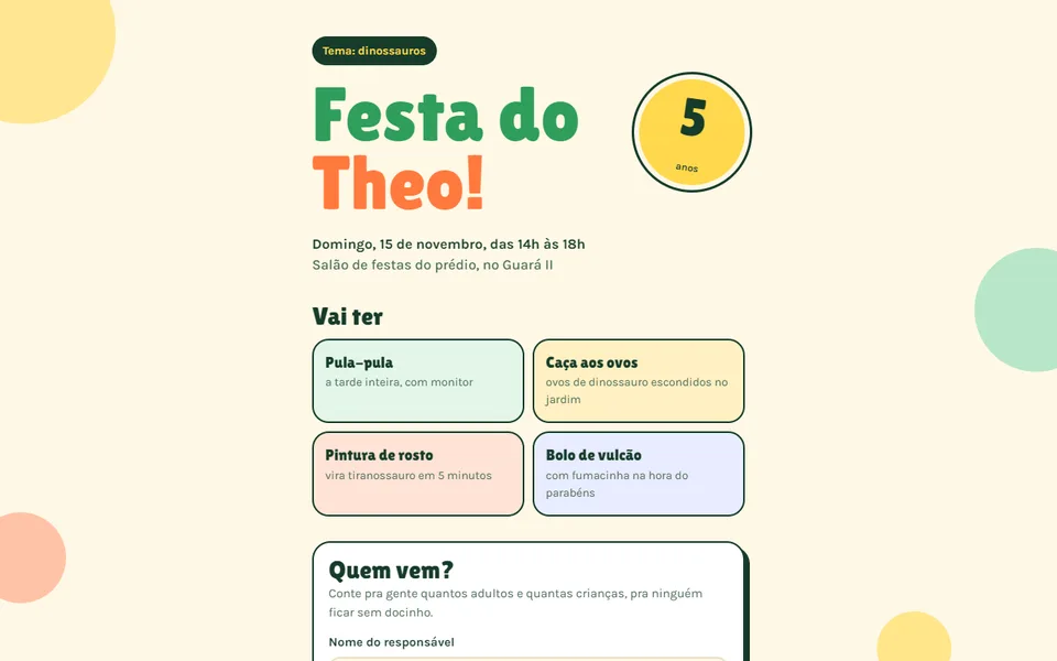 Capa da festa infantil, colorida, com o tema de dinossauros