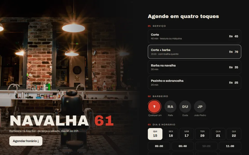 Capa da barbearia Navalha 61, escura, com o salão iluminado