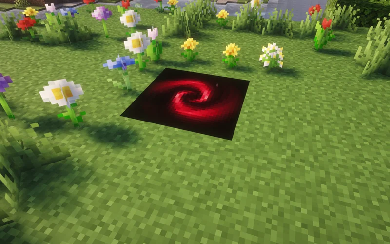 Portal vermelho aceso numa poça cercada de flores, dentro do Minecraft