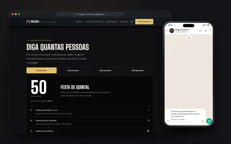 Site da Magna Eventos no computador e no celular